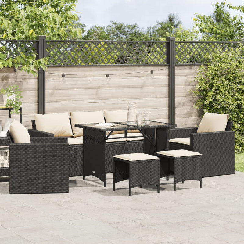 6-delige Loungeset met kussens poly rattan zwart