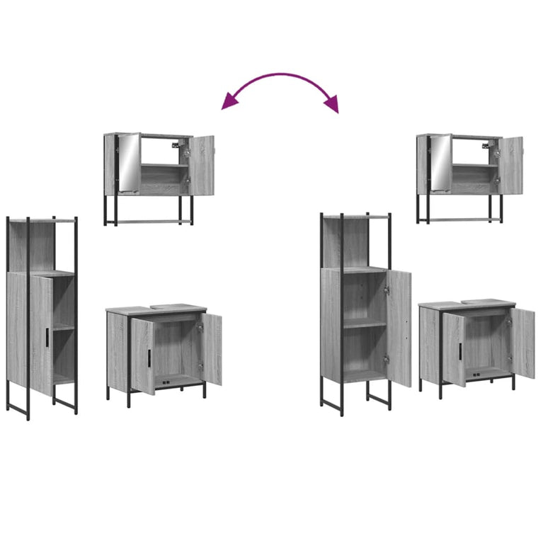 3-delige Badkamermeubelset bewerkt hout grijs sonoma eikenkleur