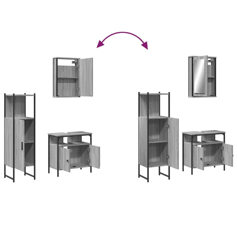 3-delige Badkamermeubelset bewerkt hout grijs sonoma eikenkleur