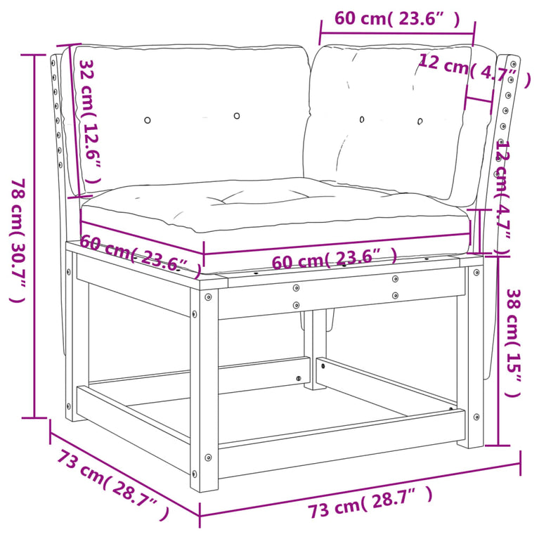 Tuinhoekbank met kussens 73x73x78 cm grenenhout wasbruin