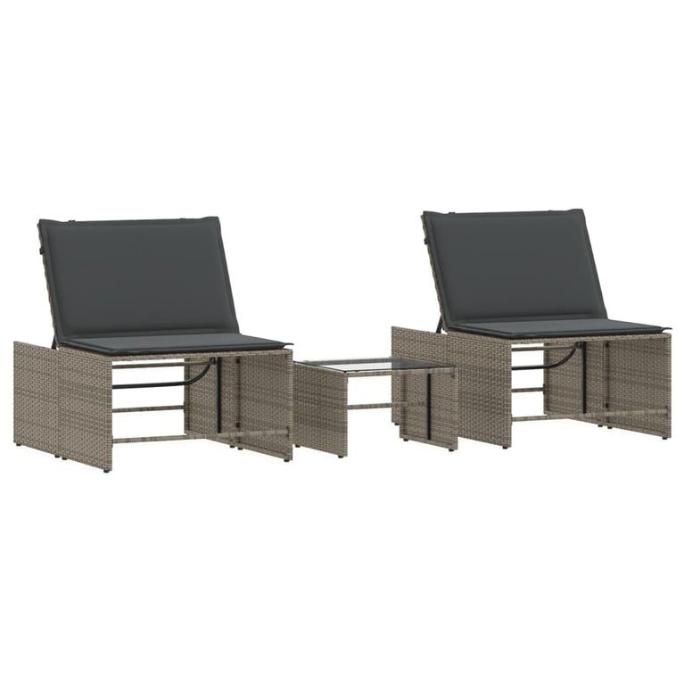 Ligbedden 2 st met tafel poly rattan grijs