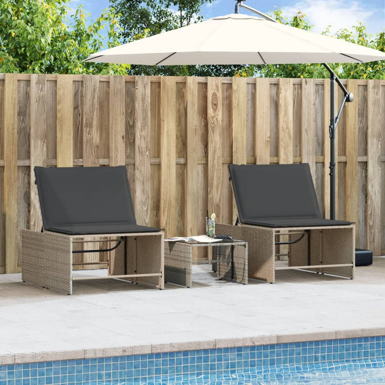 Ligbedden 2 st met tafel poly rattan grijs