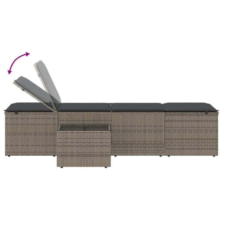 Ligbedden 2 st met tafel poly rattan grijs