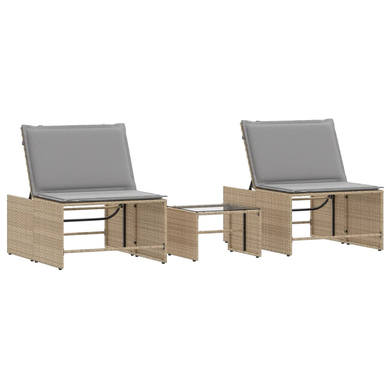 Ligstoelen 2 st met tafel poly rattan beige