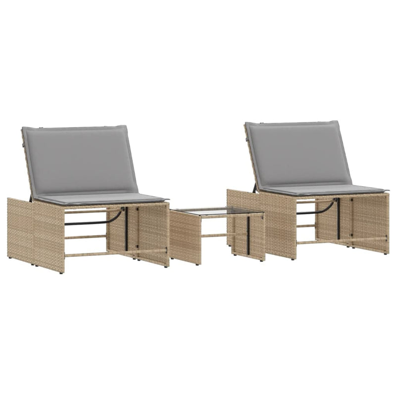 Ligstoelen 2 st met tafel poly rattan beige