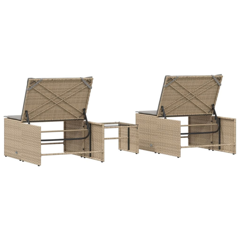 Ligstoelen 2 st met tafel poly rattan beige