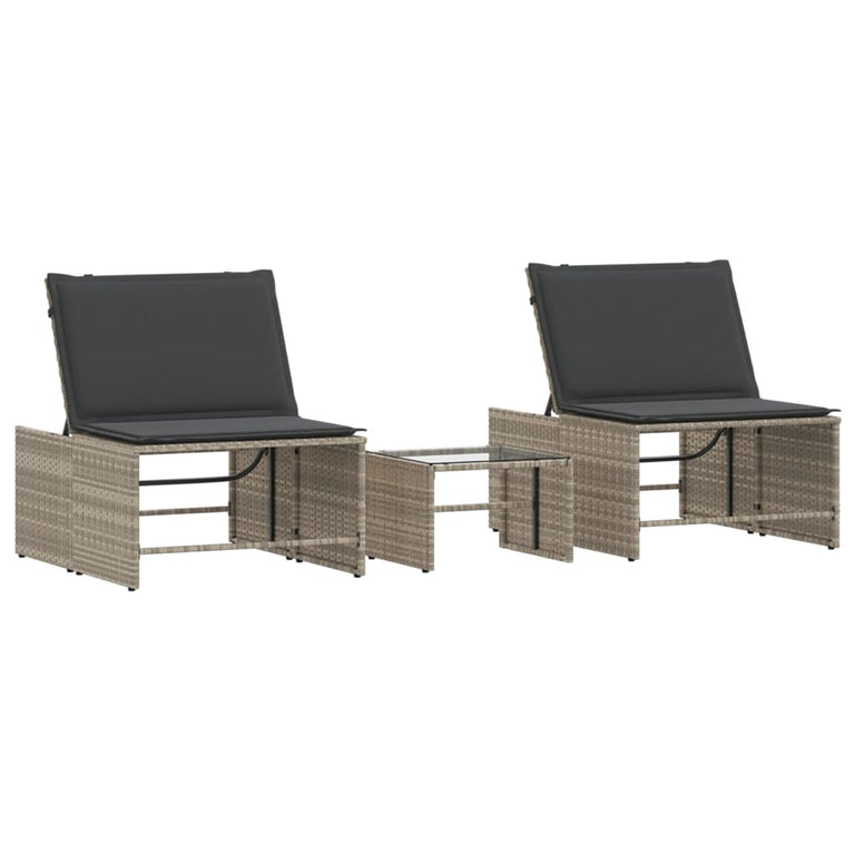 Ligbedden 2 st met tafel poly rattan lichtgrijs