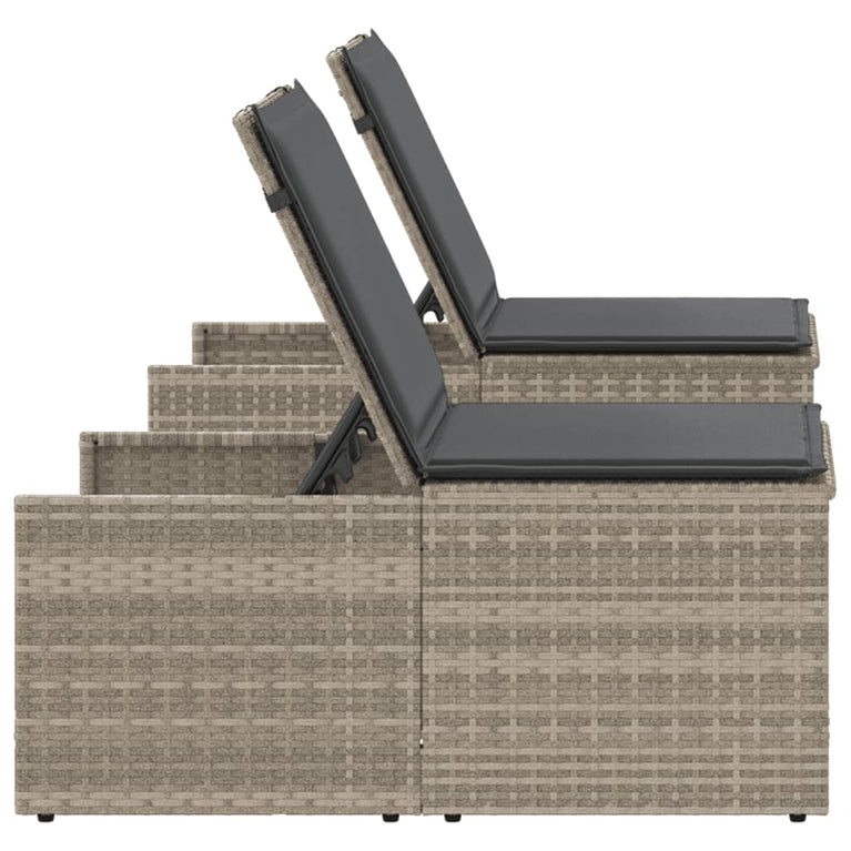 Ligbedden 2 st met tafel poly rattan lichtgrijs