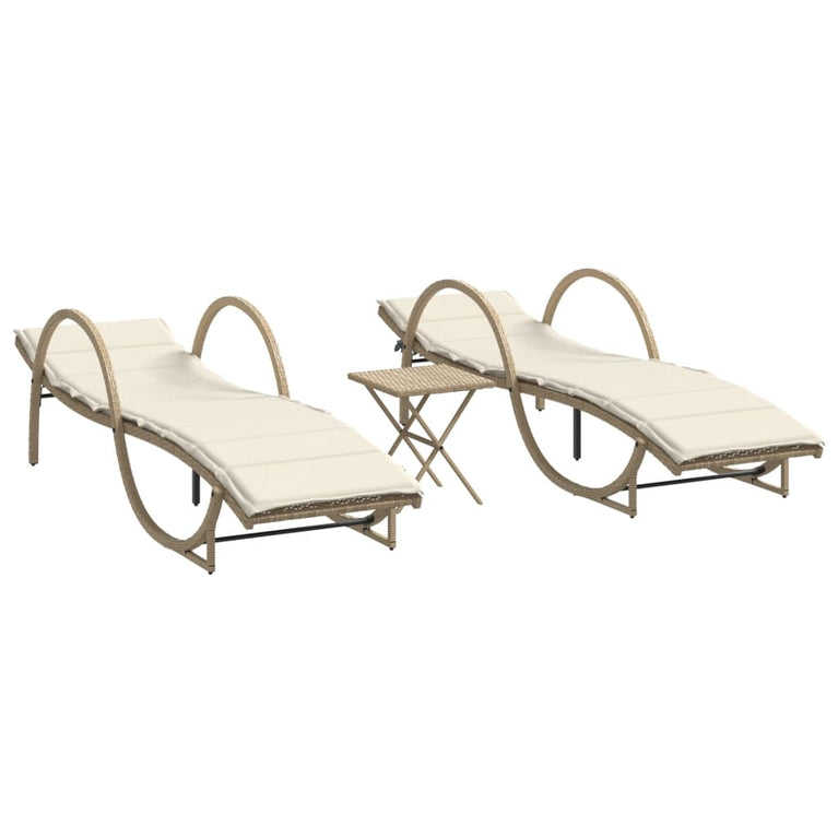 Ligstoelen 2 st met tafel poly rattan beige