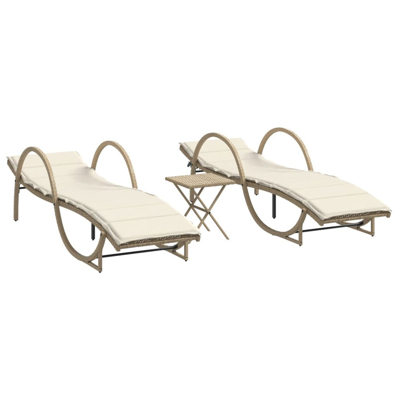 Ligstoelen 2 st met tafel poly rattan beige