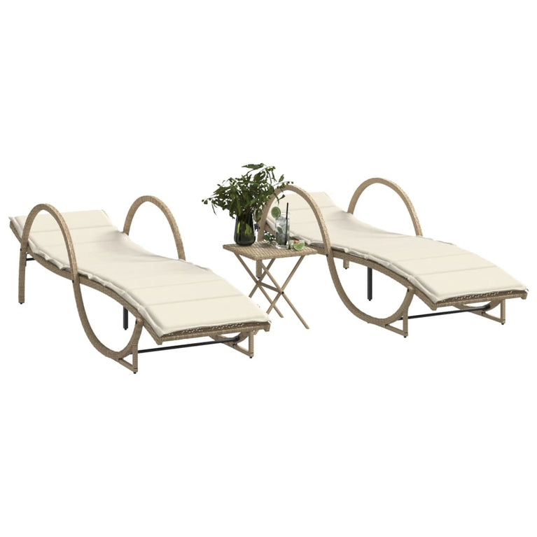 Ligstoelen 2 st met tafel poly rattan beige