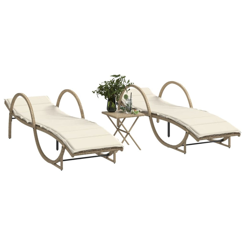 Ligstoelen 2 st met tafel poly rattan beige
