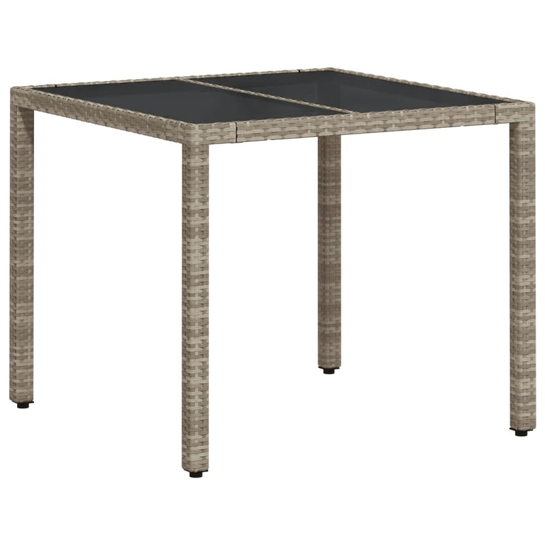 Tuintafel met glazen blad 90x90x75 cm poly rattan lichtgrijs