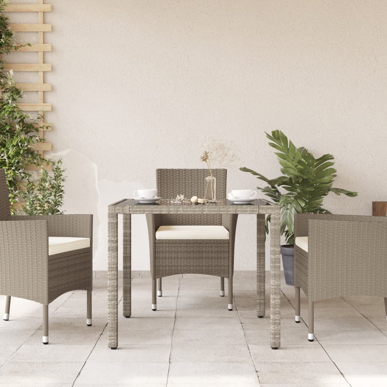 Tuintafel met glazen blad 90x90x75 cm poly rattan lichtgrijs