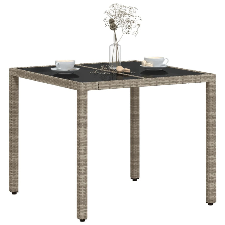 Tuintafel met glazen blad 90x90x75 cm poly rattan lichtgrijs