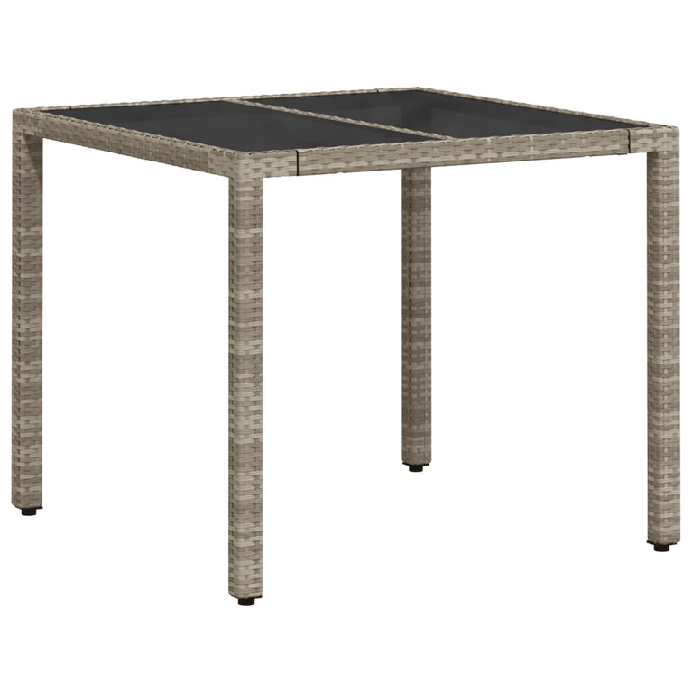 Tuintafel met glazen blad 90x90x75 cm poly rattan lichtgrijs