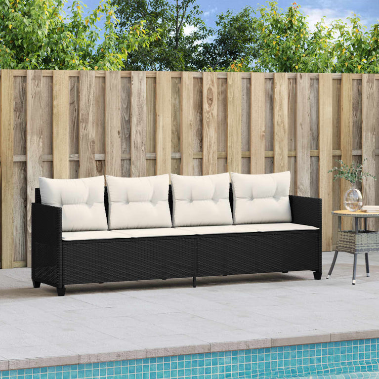 Ligbed met kussens poly rattan zwart