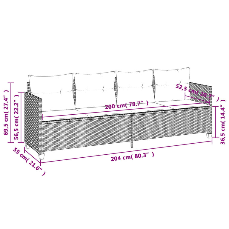 Ligbed met kussens poly rattan zwart