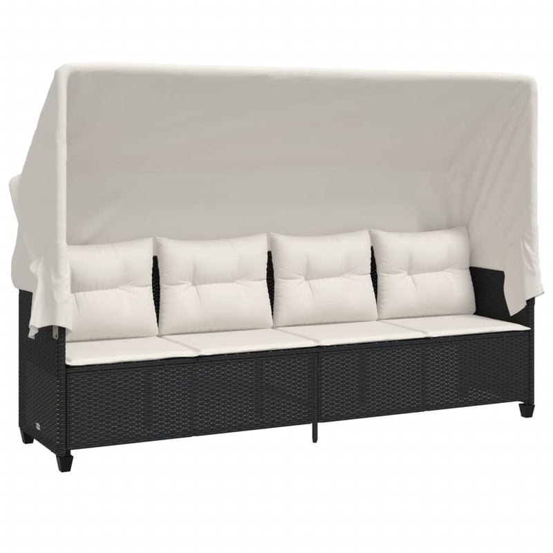 Ligbed met luifel en kussens poly rattan zwart