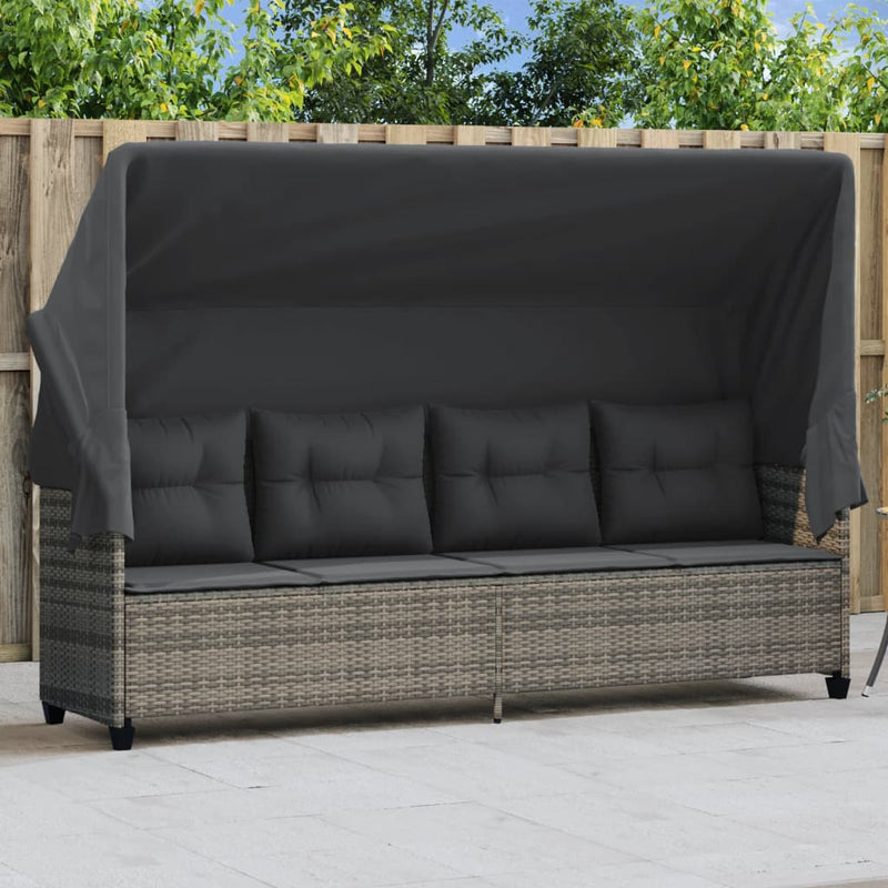 Ligbed met luifel en kussens poly rattan grijs