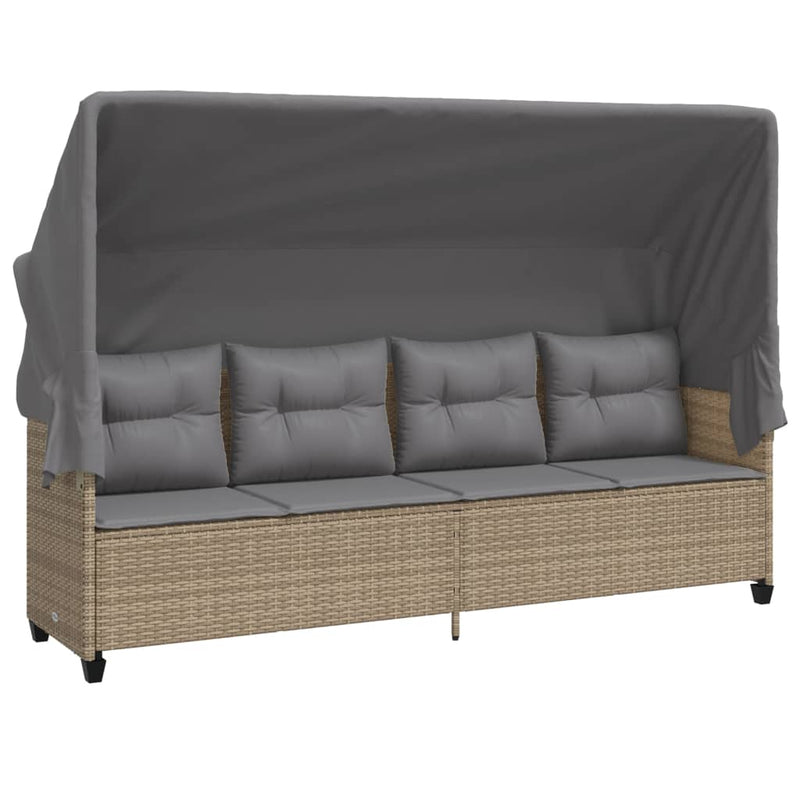 Ligbed met luifel en kussen poly rattan beige