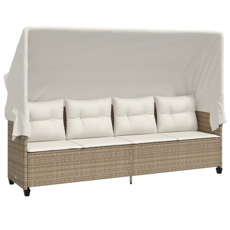 Ligbed met luifel en kussen poly rattan beige