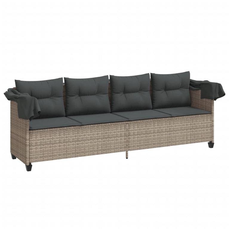 Ligbed met luifel en kussens poly rattan lichtgrijs