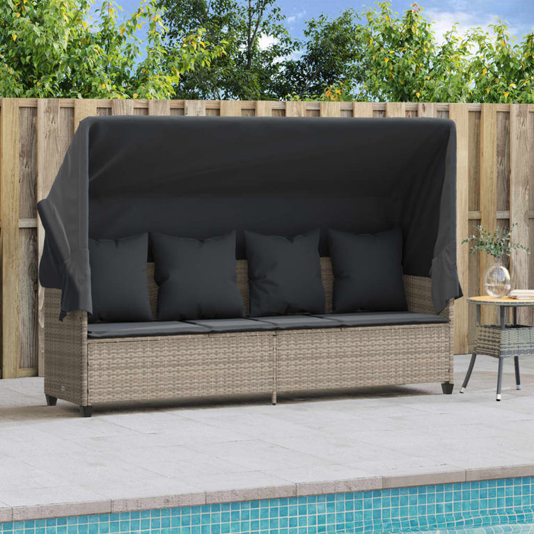 Ligbed met luifel en kussens poly rattan lichtgrijs