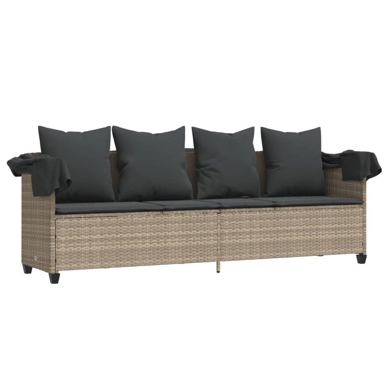 Ligbed met luifel en kussens poly rattan lichtgrijs
