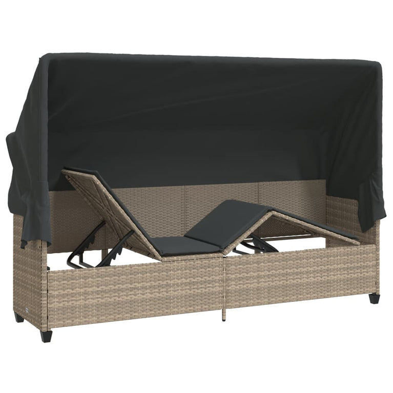 Ligbed met luifel en kussens poly rattan lichtgrijs