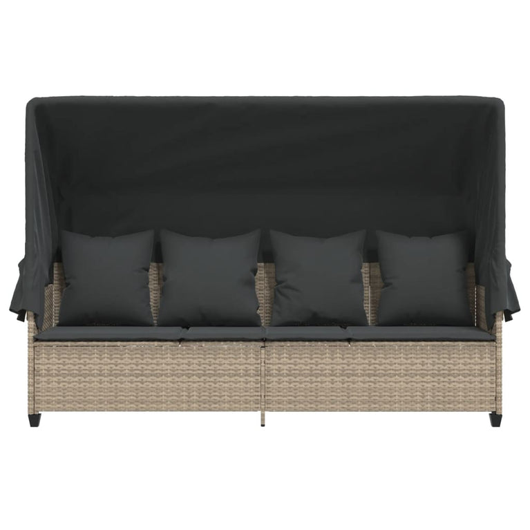 Ligbed met luifel en kussens poly rattan lichtgrijs