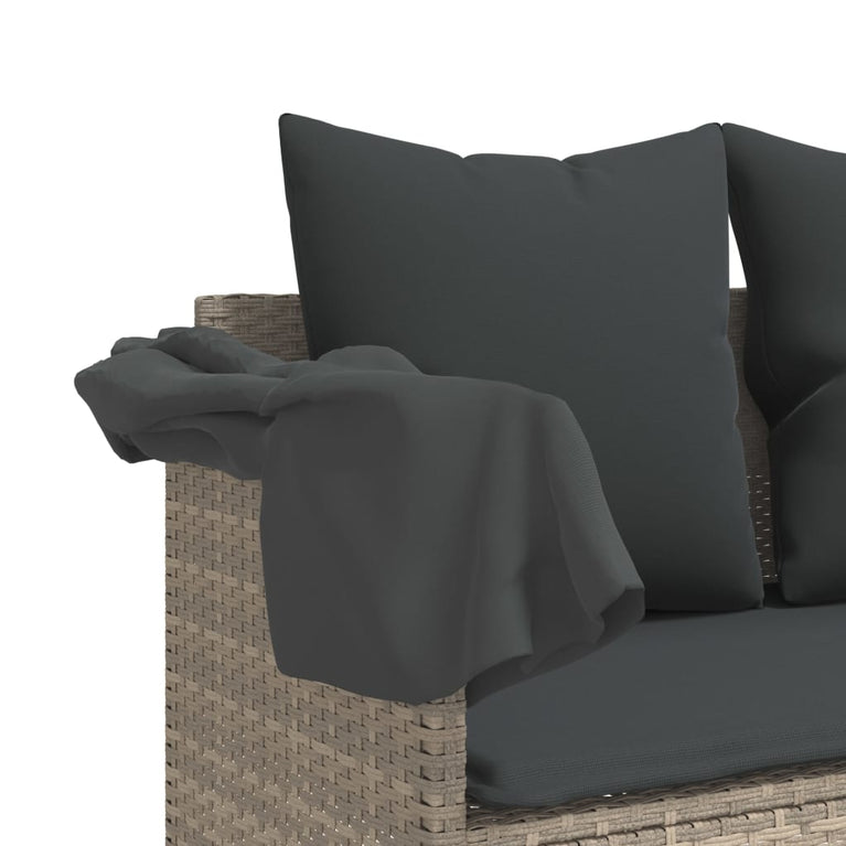 Ligbed met luifel en kussens poly rattan lichtgrijs