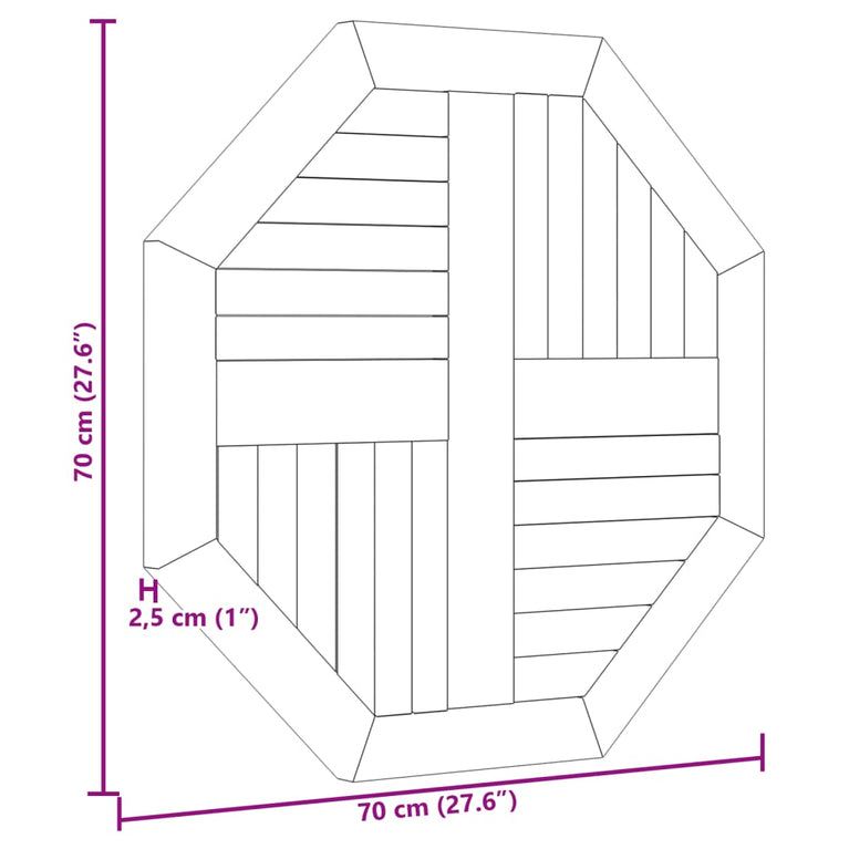 Tafelblad achthoekig 70x70x2,5 cm massief teakhout