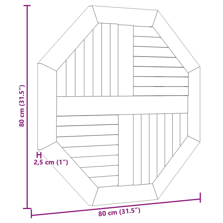 Tafelblad achthoekig 80x80x2,5 cm massief teakhout