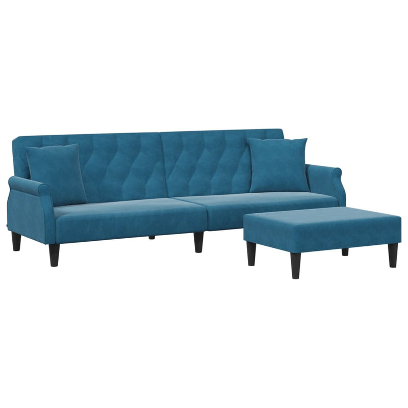 Slaapbank 2-zits met kussens en voetenbank fluweel blauw