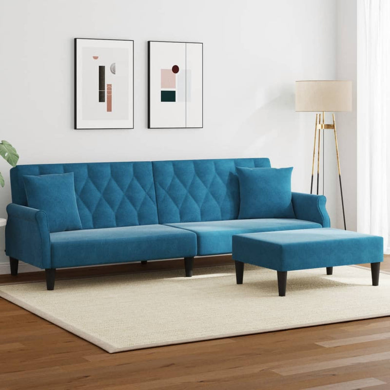 Slaapbank 2-zits met kussens en voetenbank fluweel blauw