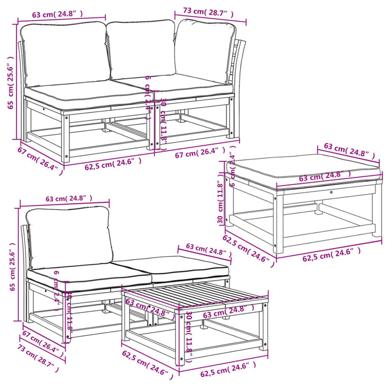 6-delige Loungeset met kussens massief acaciahout