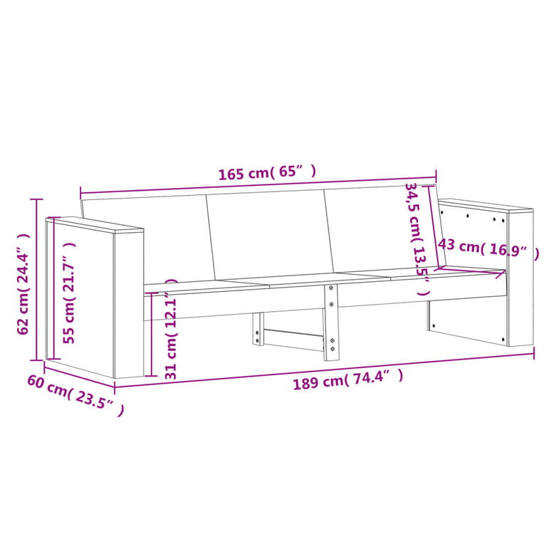 Tuinbank 3-zits 189x60x62 cm massief grenenhout