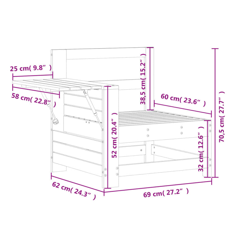 Tuinbank met armleuning en klaptafel massief grenenhout