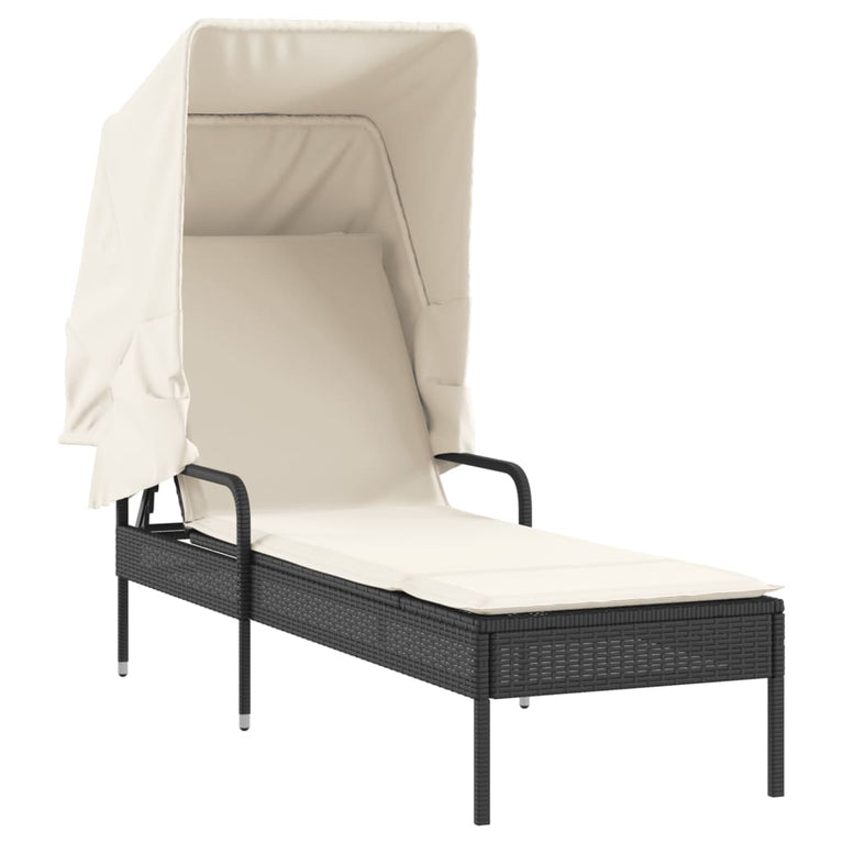 Ligbed met luifel en tafel poly rattan zwart