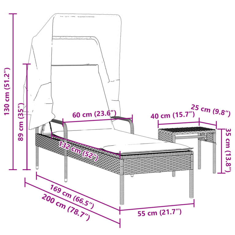 Ligbed met luifel en tafel poly rattan zwart