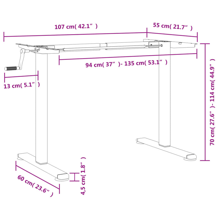 Zit-sta bureauframe (94-135)x60x(70-114) cm staal zwart