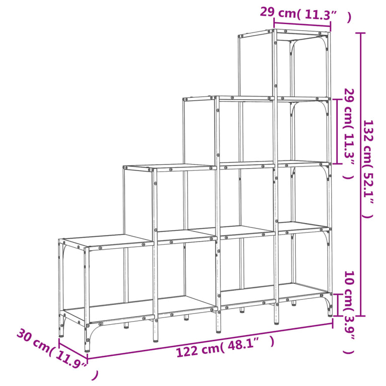 Boekenkast 122x30x132 cm bewerkt hout en metaal grijs sonoma