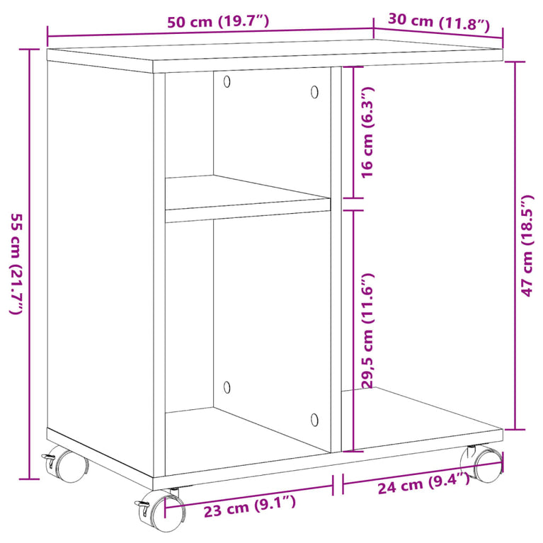 Bijzettafel met wieltjes 50x30x55 bewerkt hout wit