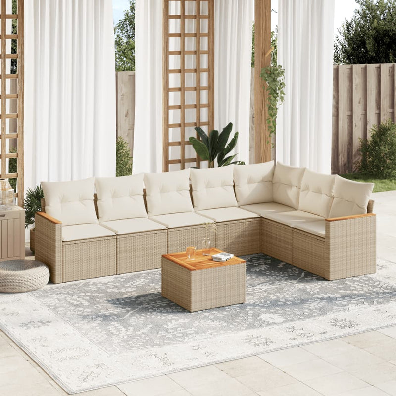 8-delige Loungeset met kussens poly rattan beige