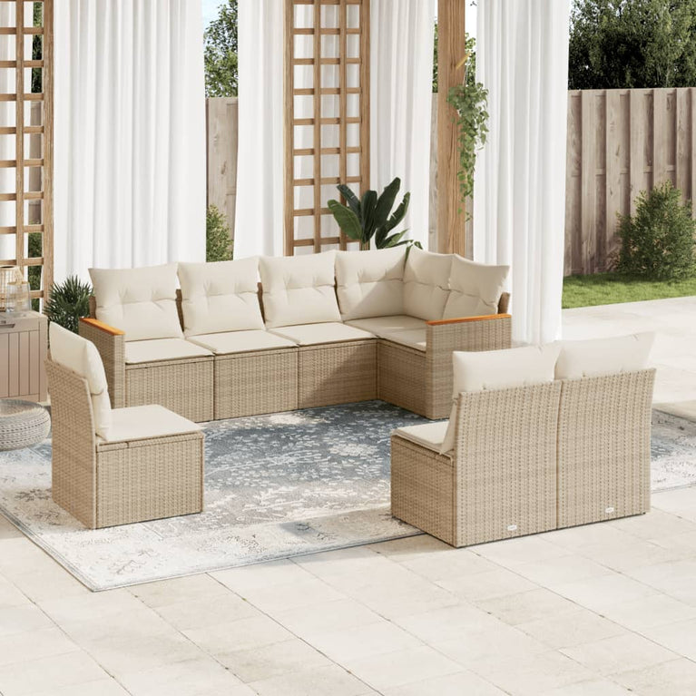 8-delige Loungeset met kussens poly rattan beige