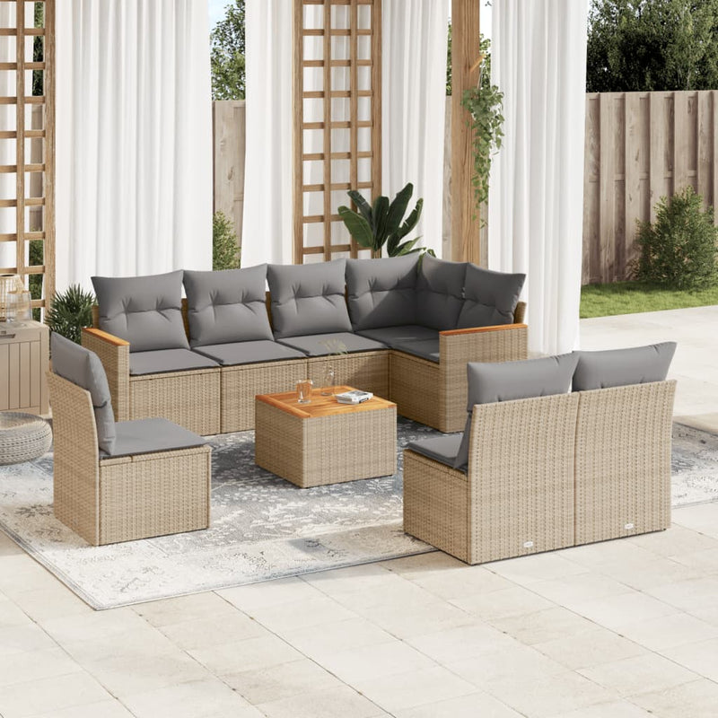 9-delige Loungeset met kussens poly rattan gemengd beige