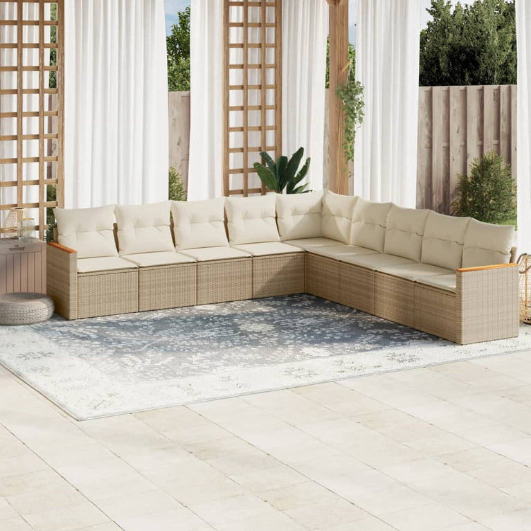 9-delige Loungeset met kussens poly rattan beige