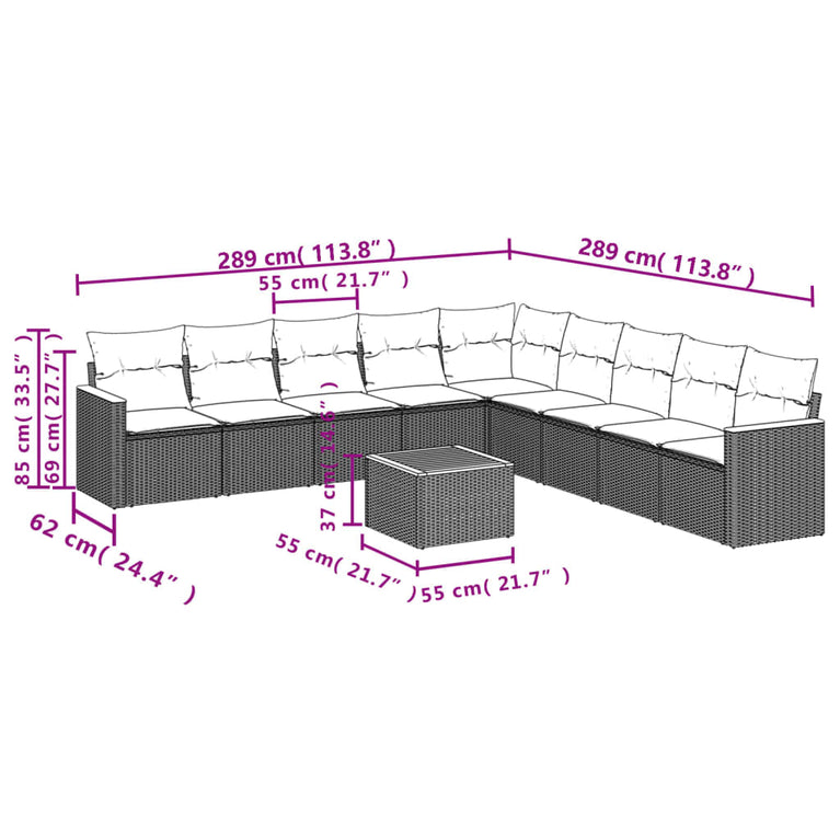 10-delige Loungeset met kussens poly rattan gemengd beige