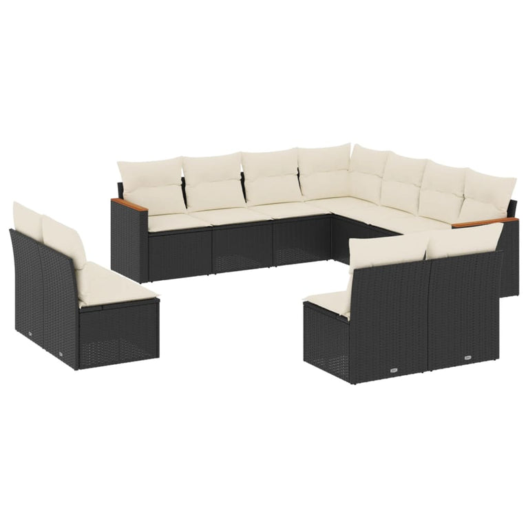 11-delige Loungeset met kussens poly rattan zwart